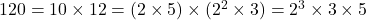 120 = 10 \times 12 = (2 \times 5) \times (2^2 \times 3) = 2^3 \times 3 \times 5