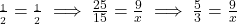 \frac{\text{परिमाप}_1}{\text{परिमाप}_2} = \frac{\text{भुजा}_1}{\text{भुजा}_2} \implies \frac{25}{15} = \frac{9}{x} \implies \frac{5}{3} = \frac{9}{x}