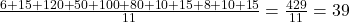 \frac{6+15+120+50+100+80+10+15+8+10+15}{11} = \frac{429}{11} = 39