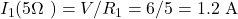 I_1 (5\Omega \text{ में}) = V/R_1 = 6/5 = 1.2 \text{ A}