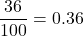 \[\frac{36}{100} = 0.36\]