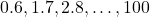0.6, 1.7, 2.8, \dots, 100