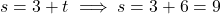 s = 3 + t \implies s = 3 + 6 = 9