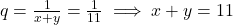 q = \frac{1}{x + y} = \frac{1}{11} \implies x + y = 11