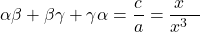 \[\alpha\beta + \beta\gamma + \gamma\alpha = \frac{c}{a} = \frac{x \text{ का गुणांक}}{x^3 \text{ का गुणांक}}\]