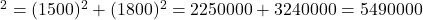 \text{दूरी}^2 = (1500)^2 + (1800)^2 = 2250000 + 3240000 = 5490000