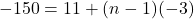 -150 = 11 + (n - 1)(-3)