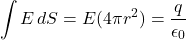 \[\int E \, dS = E(4\pi r^2) = \frac{q}{\epsilon_0}\]
