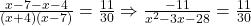 \frac{x-7-x-4}{(x+4)(x-7)} = \frac{11}{30} \Rightarrow \frac{-11}{x^2-3x-28} = \frac{11}{30}