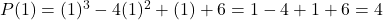 P(1) = (1)^3 - 4(1)^2 + (1) + 6 = 1 - 4 + 1 + 6 = 4