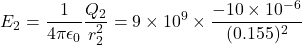 \[E_2 = \frac{1}{4\pi\epsilon_0} \frac{Q_2}{r_2^2}= 9 \times 10^9 \times \frac{-10 \times 10^{-6}}{(0.155)^2}\]