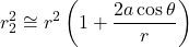 \[r_2^2 \cong r^2\left(1 + \frac{2a\cos\theta}{r}\right)\]