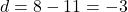 d = 8 - 11 = -3