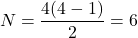 \[ N=\frac{4(4-1)}{2}=6 \]