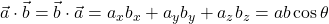\vec{a} \cdot \vec{b} = \vec{b} \cdot \vec{a} = a_xb_x + a_yb_y + a_zb_z = ab \cos\theta