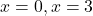 x=0, x=3