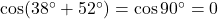 \cos(38^\circ + 52^\circ) = \cos 90^\circ = 0