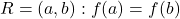 R = {(a,b):f(a)=f(b)}