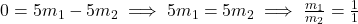 0 = 5m_1 - 5m_2 \implies 5m_1 = 5m_2 \implies \frac{m_1}{m_2} = \frac{1}{1}