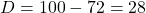 D = 100 - 72 = 28