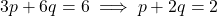 3p + 6q = 6 \implies p + 2q = 2