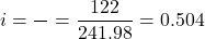 \[i = \frac{\text{सामान्य मोलर द्रव्यमान}}{\text{असामान्य मोलर द्रव्यमान}} = \frac{122}{241.98} = 0.504\]