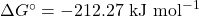 \Delta G^\circ = -212.27 \text{ kJ mol}^{-1}