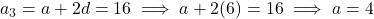 a_3 = a + 2d = 16 \implies a + 2(6) = 16 \implies a = 4