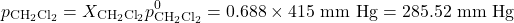 \[p_{\text{CH}_2\text{Cl}_2} = X_{\text{CH}_2\text{Cl}_2} p^0_{\text{CH}_2\text{Cl}_2} = 0.688 \times 415 \text{ mm Hg} = 285.52 \text{ mm Hg}\]