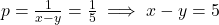 p = \frac{1}{x - y} = \frac{1}{5} \implies x - y = 5
