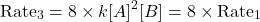 \[\text{Rate}_3 = 8 \times k [A]^2 [B] = 8 \times \text{Rate}_1\]